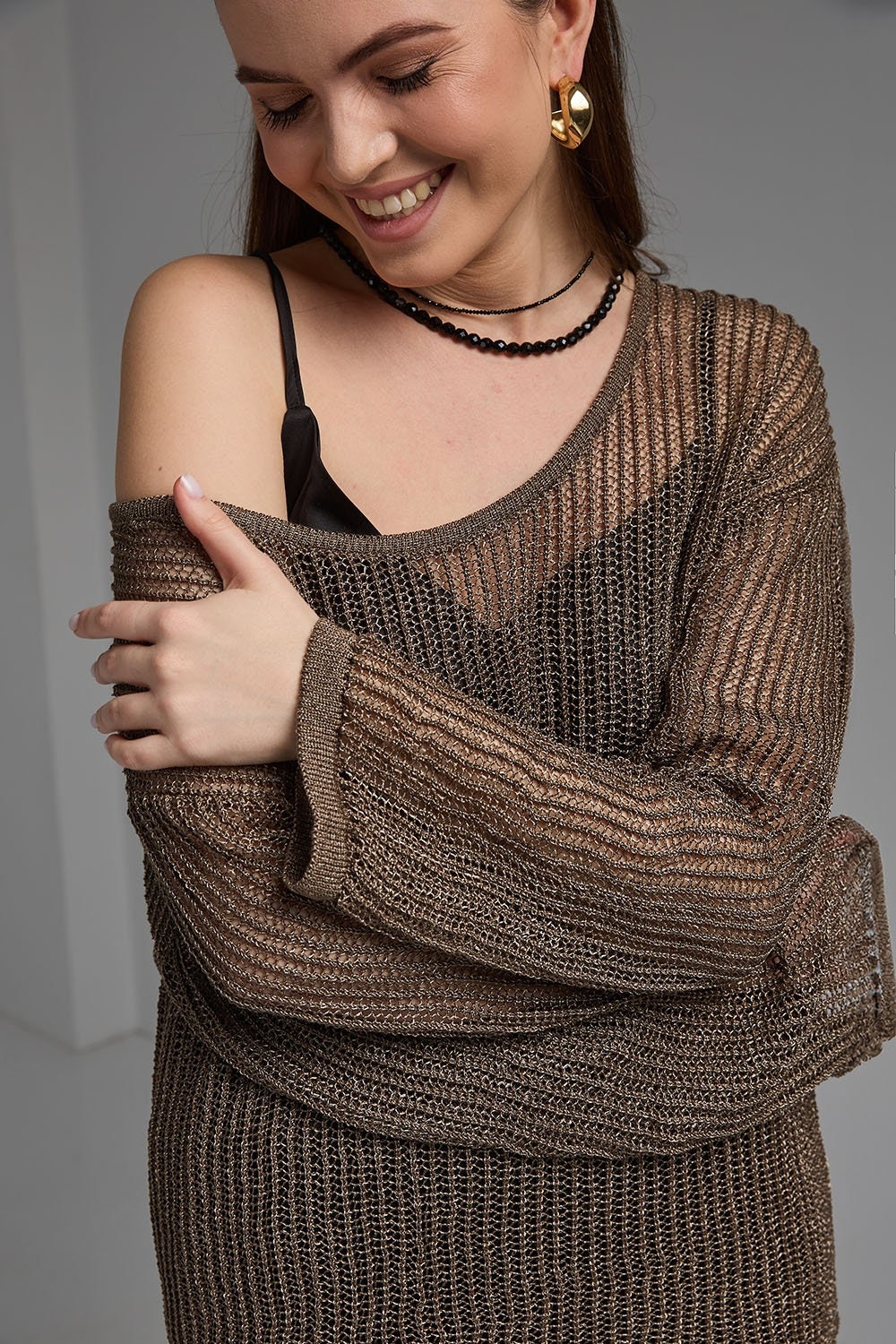 Soft Glossy Sweater Translucent Top Cold Shoulder Long